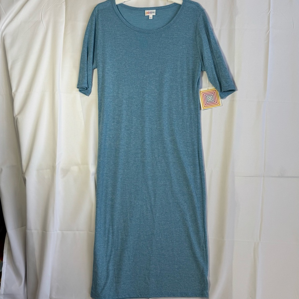 LuLaRoe Women’s Julia Midi Dress Teal Blue Short Sleeve Sz Medium NWT - Picture 2 of 8